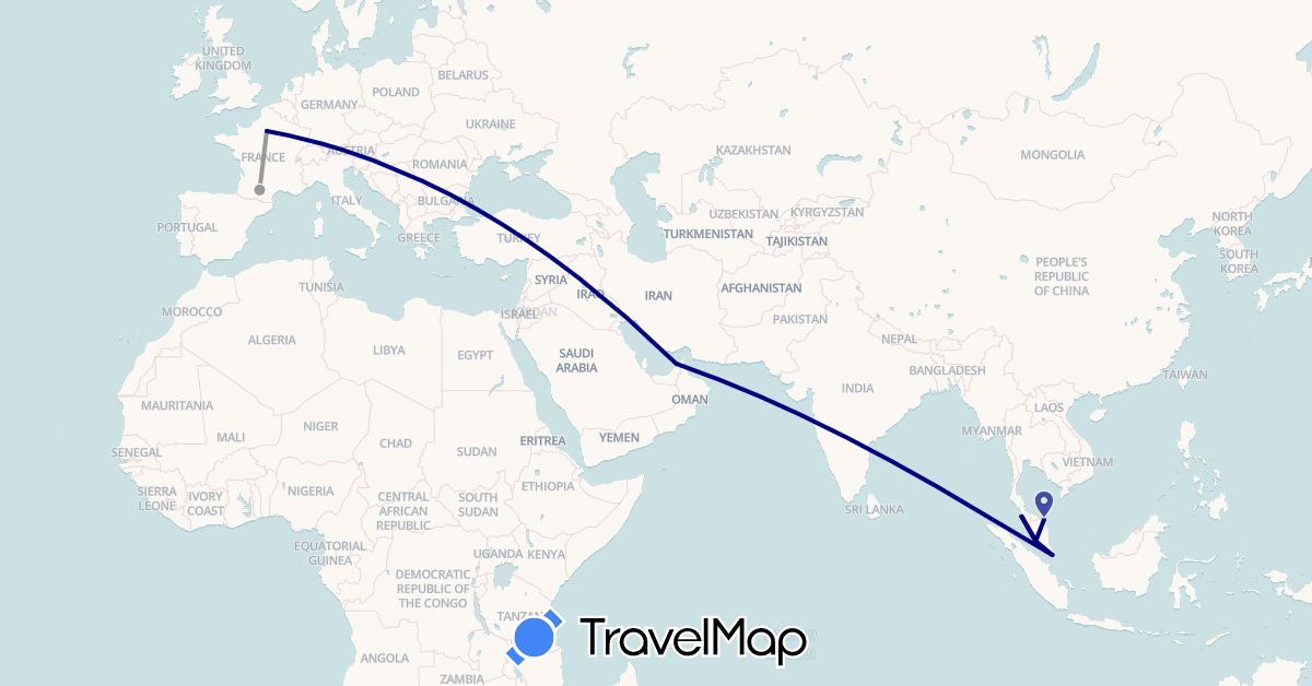TravelMap itinerary: driving, plane in United Arab Emirates, France, Malaysia, Singapore (Asia, Europe)